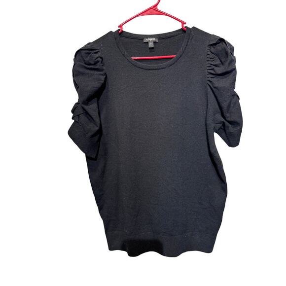 EXPRESS Short Sleeve Black Crewneck Sweater with Short Ruffle Sleeves Size L - Picture 2 of 10